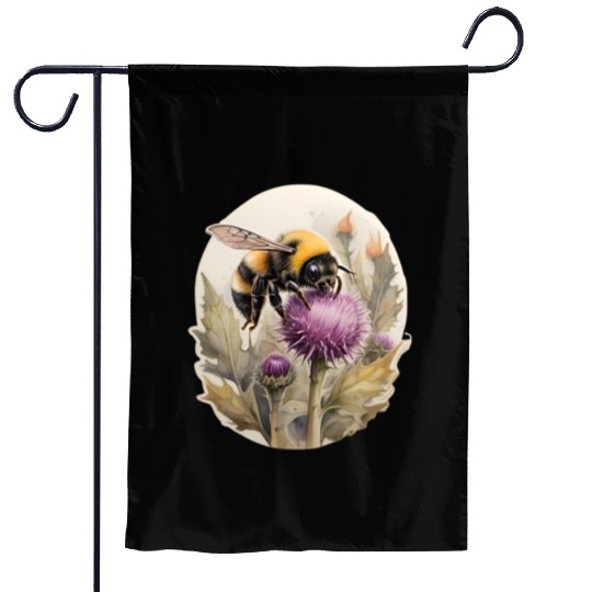 Bumblebee on thistle watercolor Garden Flags