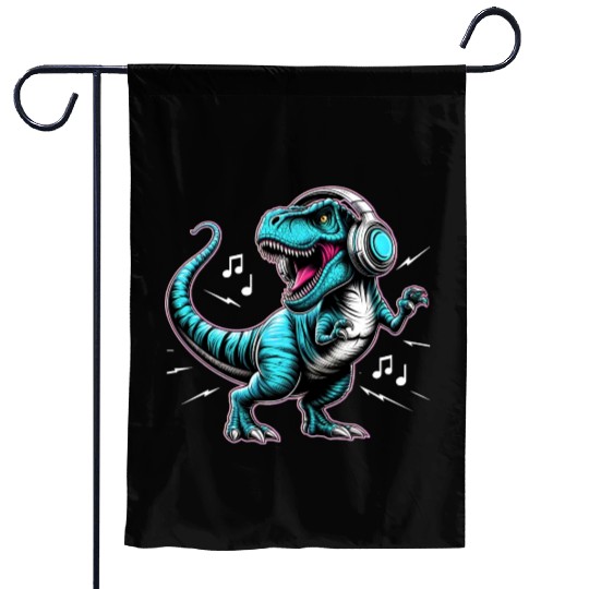 Dancing Tyrannosaurus Rex with Headphone Garden Flags