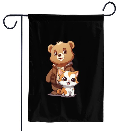 cute kitty cat and teddy bear in cartoon style Garden Flags