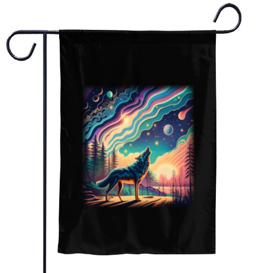 Majestic Wolf Howling At The Eclipse Garden Flags