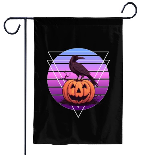 Raven Crow On Pumpkin Vaporwave Halloween Pagan Ae Garden Flags