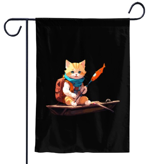 Whiskered Sailor: Cat on a Boat Fishing Adventure" Garden Flags