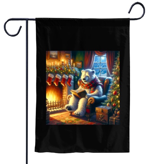 Winter Tales-Merry Cozy Bear Reading by Fireplace Garden Flags