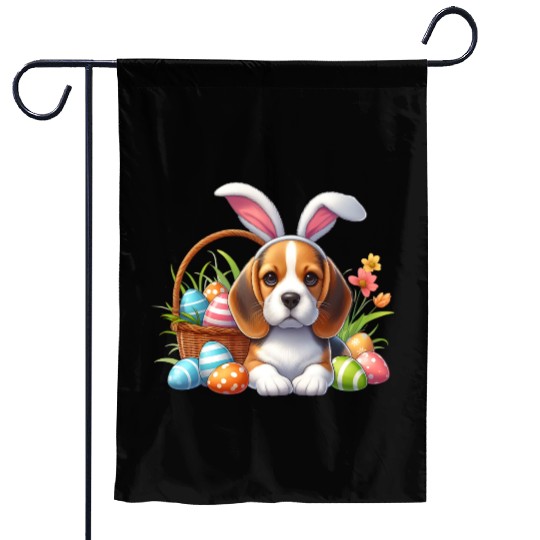 Beagle with bunny ears and easter eggs Garden Flags