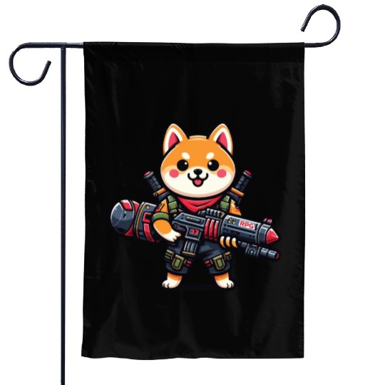 Cute Shiba Inu Dog Play Rocket RPG Cartoon Garden Flags