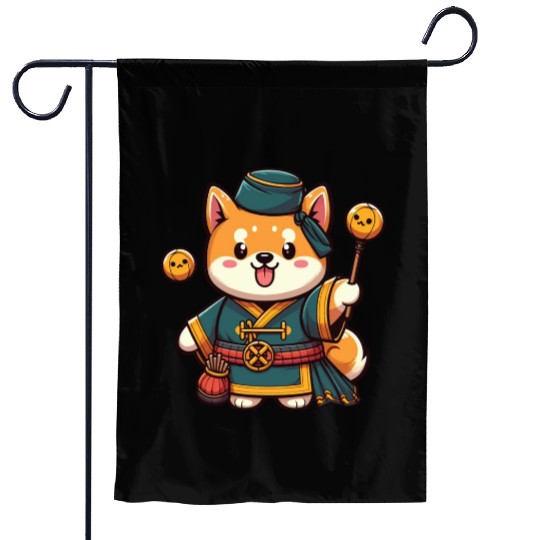 Cute Shiba Inu Magician Green Taoist with Staff Garden Flags
