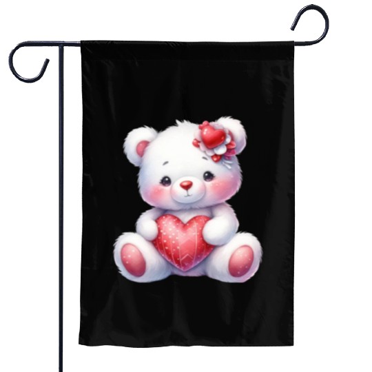 White Teddy Bear Love Valentine's Day Red Heart Garden Flags