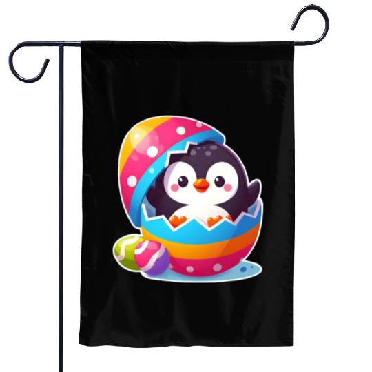 Penguin hatches from colorful Easter egg Garden Flags
