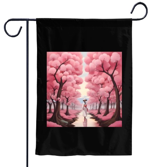 Japanese style art with cherry blossom festival Garden Flags