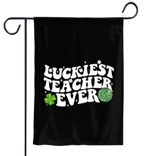 Luckiest Teacher Ever Disco Ball Shamrock Groovy Garden Flags
