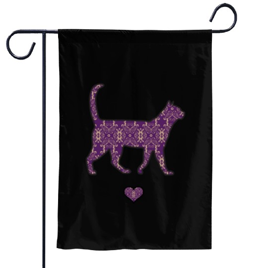 Purple Cat Damask Style Love Heart Cute Silhouette Garden Flags