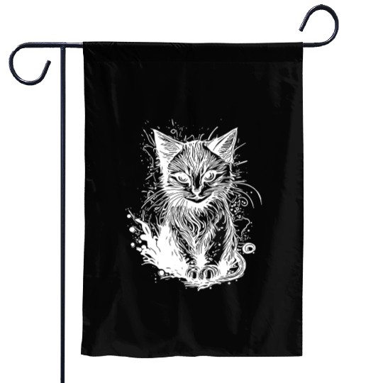Cuddly Little Cat In Vintage Tattoo Style Garden Flags