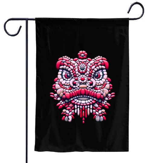 Chinese New Year - Pink Peony Lion Dance Mask Garden Flags