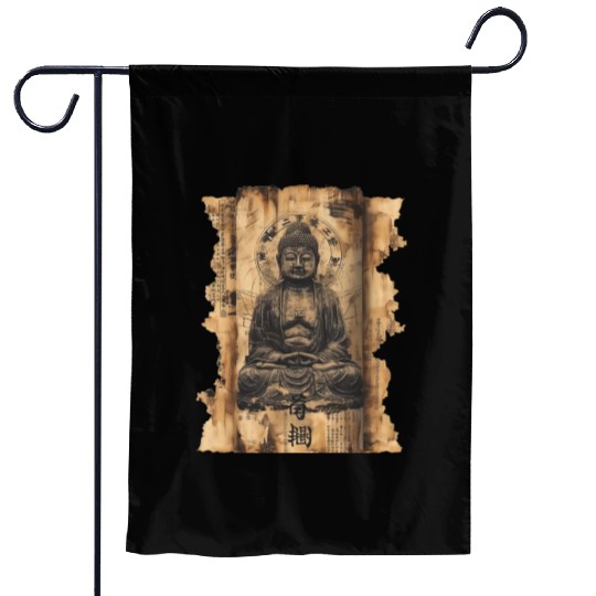 Vintage Papyrus Scroll Japanese Silhouette Buddha Garden Flags