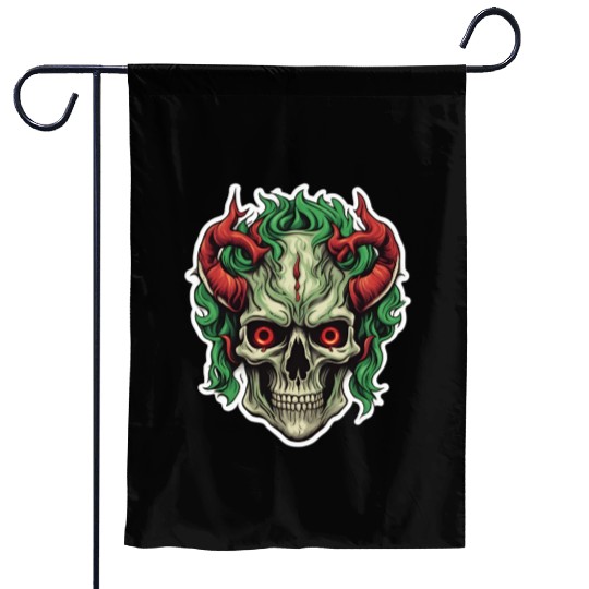 Infernal Emerald: Red-Horned Skull Garden Flags