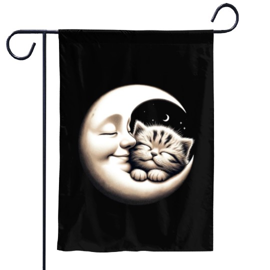 Peaceful Kitten and Moon Embrace Garden Flags