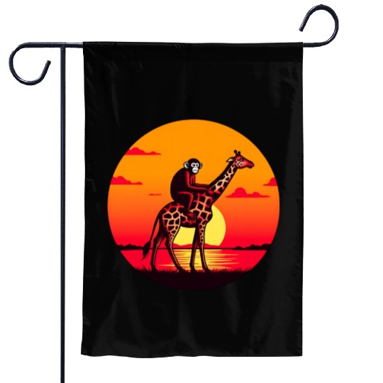 Sunset Safari: Monkey Riding Giraffe Garden Flags