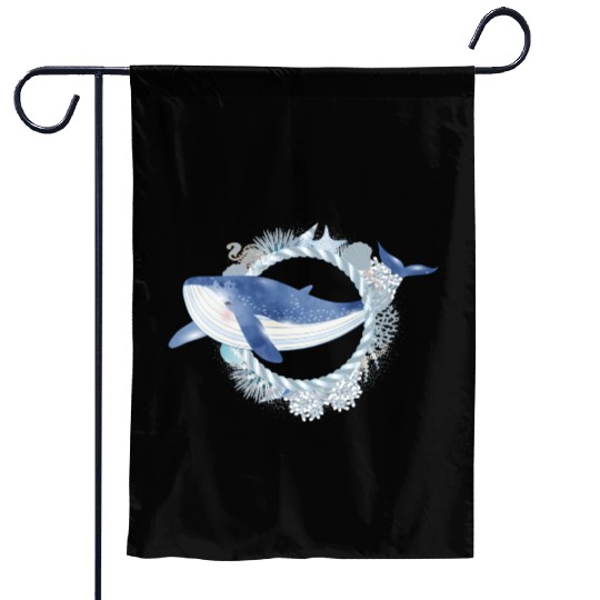 blue whale fish in coral reef in watercolor style Garden Flags