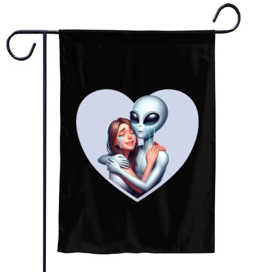 Heartwarming Embrace: Human and Alien Garden Flags