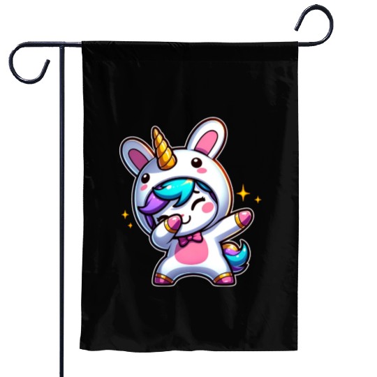 Cute Kawaii Dabbing Unicorn Wearing Easter Bunny Garden Flags