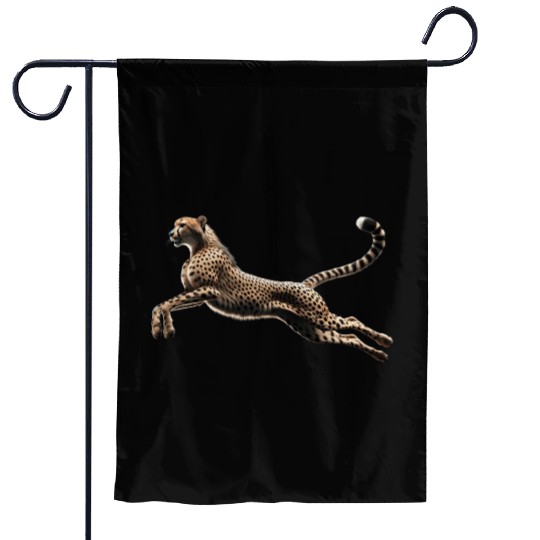 Realistic Cheetah in Mid-Leap Garden Flags
