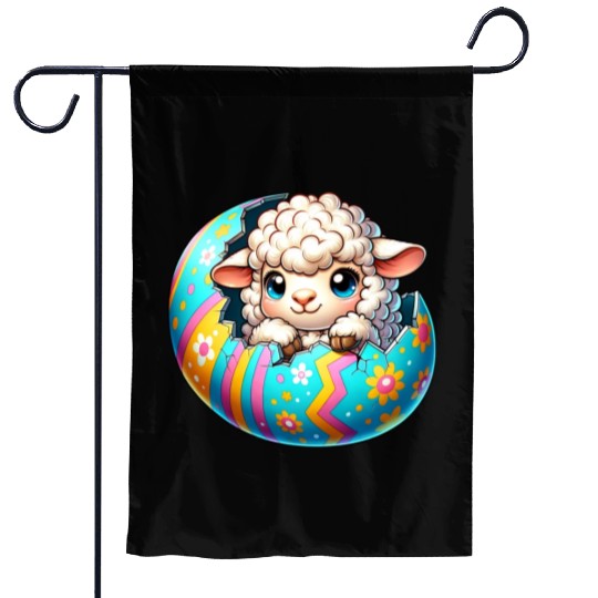Colorful Lamb Hatching from Easter Egg Cartoon Garden Flags