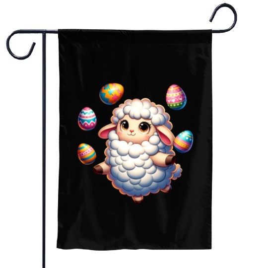 Colorful Easter Egg Juggling Lamb Cartoon Garden Flags