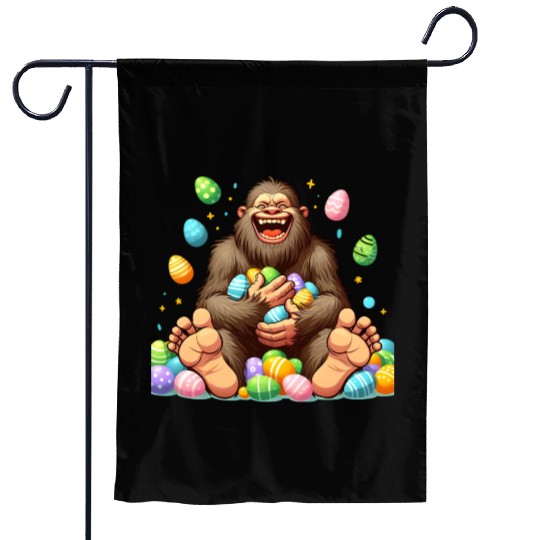 Colorful Easter Eggs Surrounding Bigfoot Garden Flags