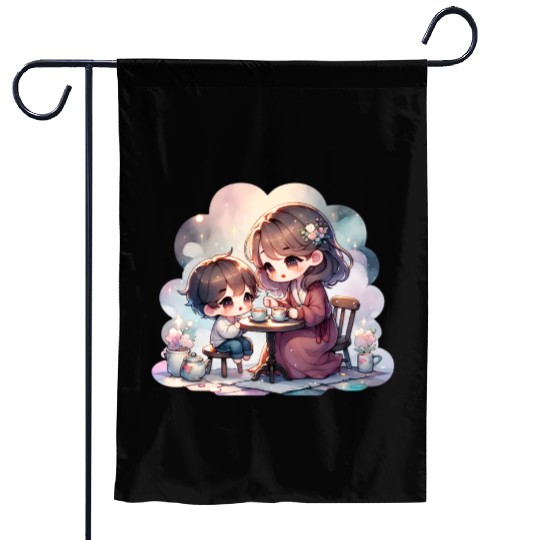 Mother and Son Enjoying a Cozy Tea Party Garden Flags
