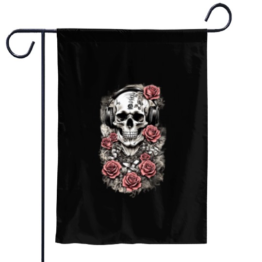 Rock & Roses Garden Flags: Skull, Roses & music nout