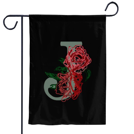 Capital letter J monogram and contour rose flowers Garden Flags