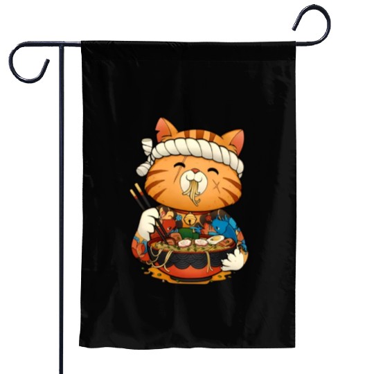 Cute anime cat eating ramen noodles Garden Flags