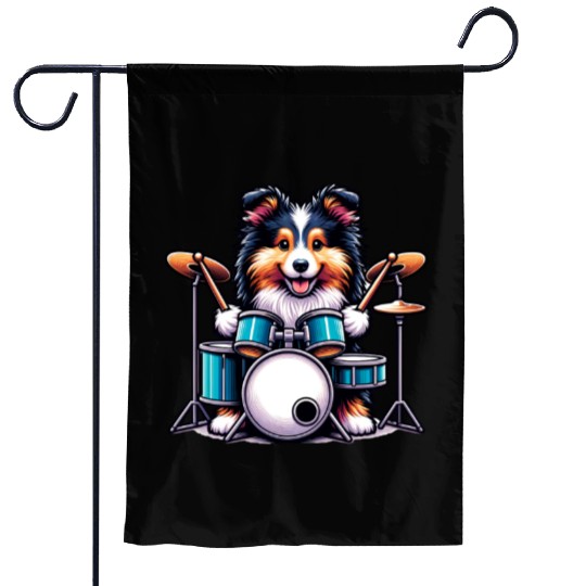 Cool Sheltie Puppy Drummer Design Garden Flags