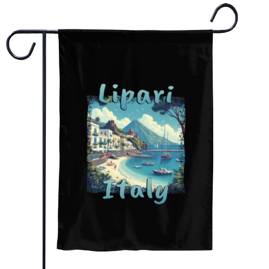 Lipari Italy Grunge Beach Mountains Garden Flags
