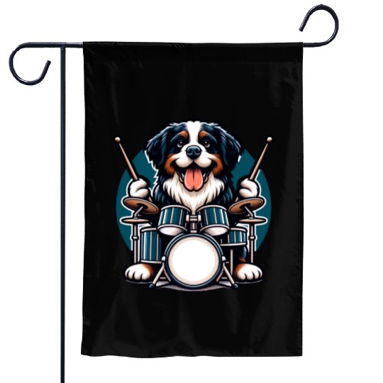 Cool Bernese Mountain Dog Drummer Design Garden Flags