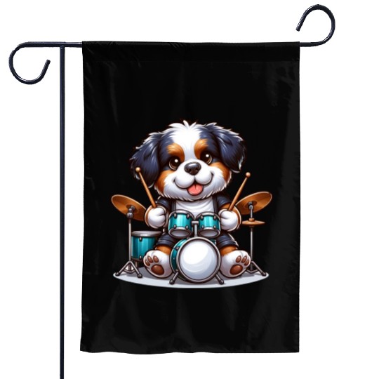 Cool Bernese Mountain Dog Drummer Design Garden Flags