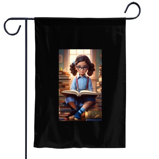 A sweet 5 year old girl wearing a light blue butto Garden Flags