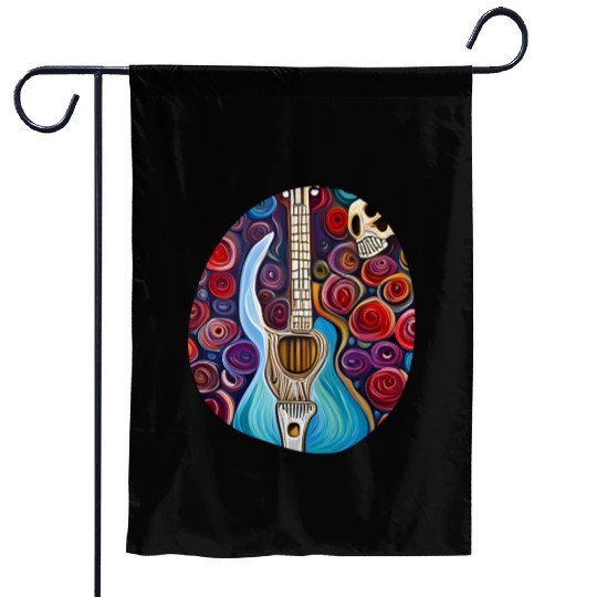 Blue Electric Guitar, Skull and Roses Garden Flags