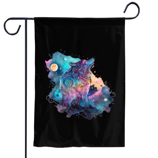Wolf Print, Cosmic Wolves, Animal Print, Cosmos Garden Flags