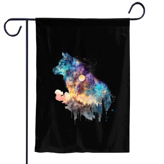 Wolf Print, Cosmic Wolves, Animal Print, Cosmos Garden Flags