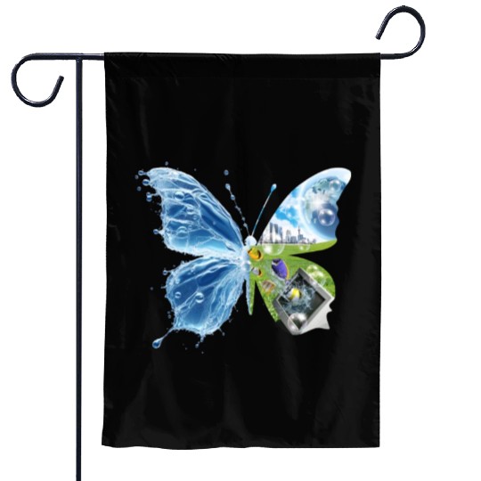 Frutiger Aero Aesthetic Butterfly Computer Fishes Garden Flags