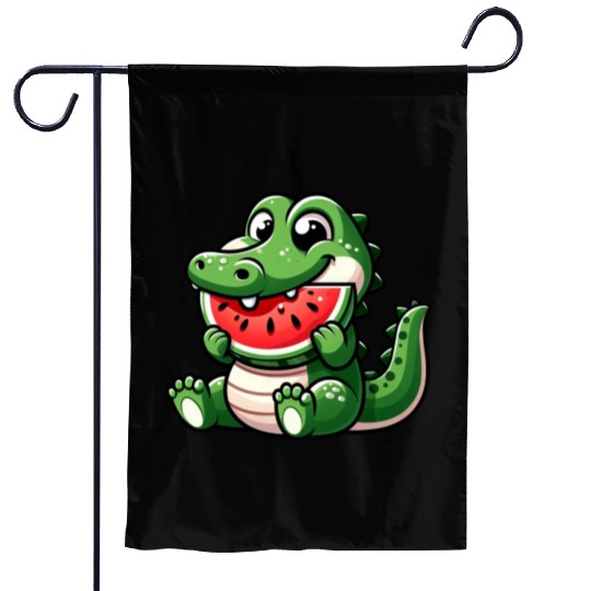 Crocodile With Watermelon Fruity Cute Garden Flags