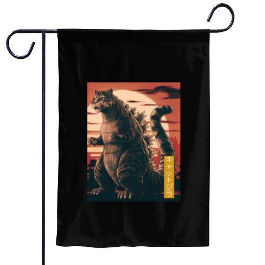 Funny Cute Cat Art Japanese Sunset Retro Catzilla Garden Flags