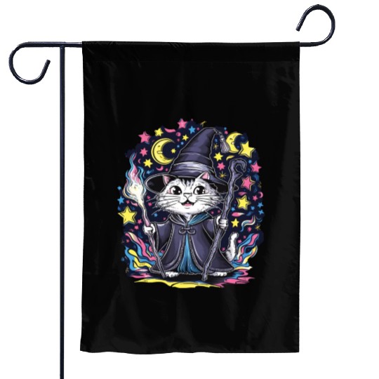 Charming Wizard Cat Casting Magic Garden Flags