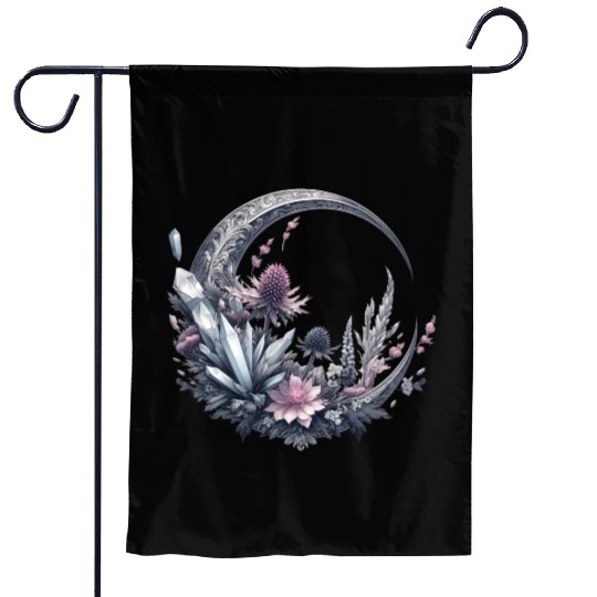 Crescent moon in silver, with crystals and flowers Garden Flags