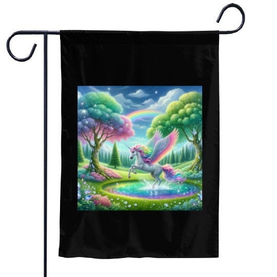 Enchanted Rainbow Unicorn Over Sparkling Pond Garden Flags