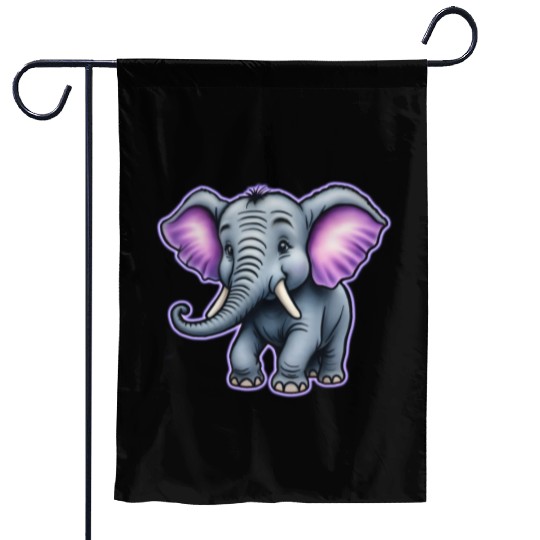 AI Airbrushed Purple & Gray Elephant Cartoon Garden Flags
