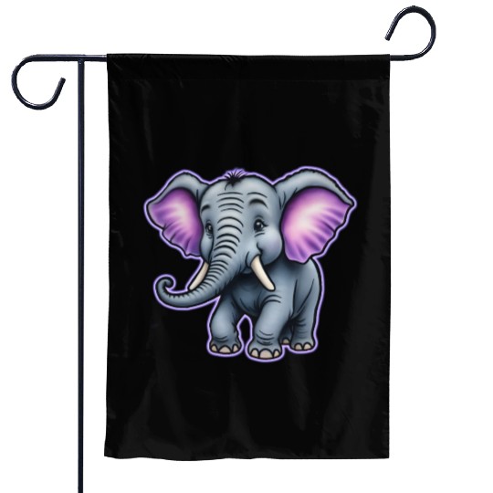 AI Airbrushed Purple & Gray Elephant Cartoon Garden Flags