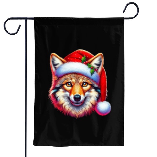 Christmas Coyote Art Red Santa hat Animal Lovers Garden Flags