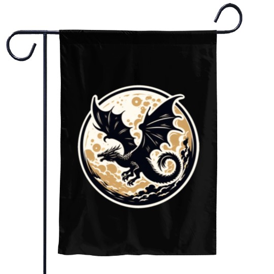 Mystical Dragon Silhouette Against Full Moon Garden Flags